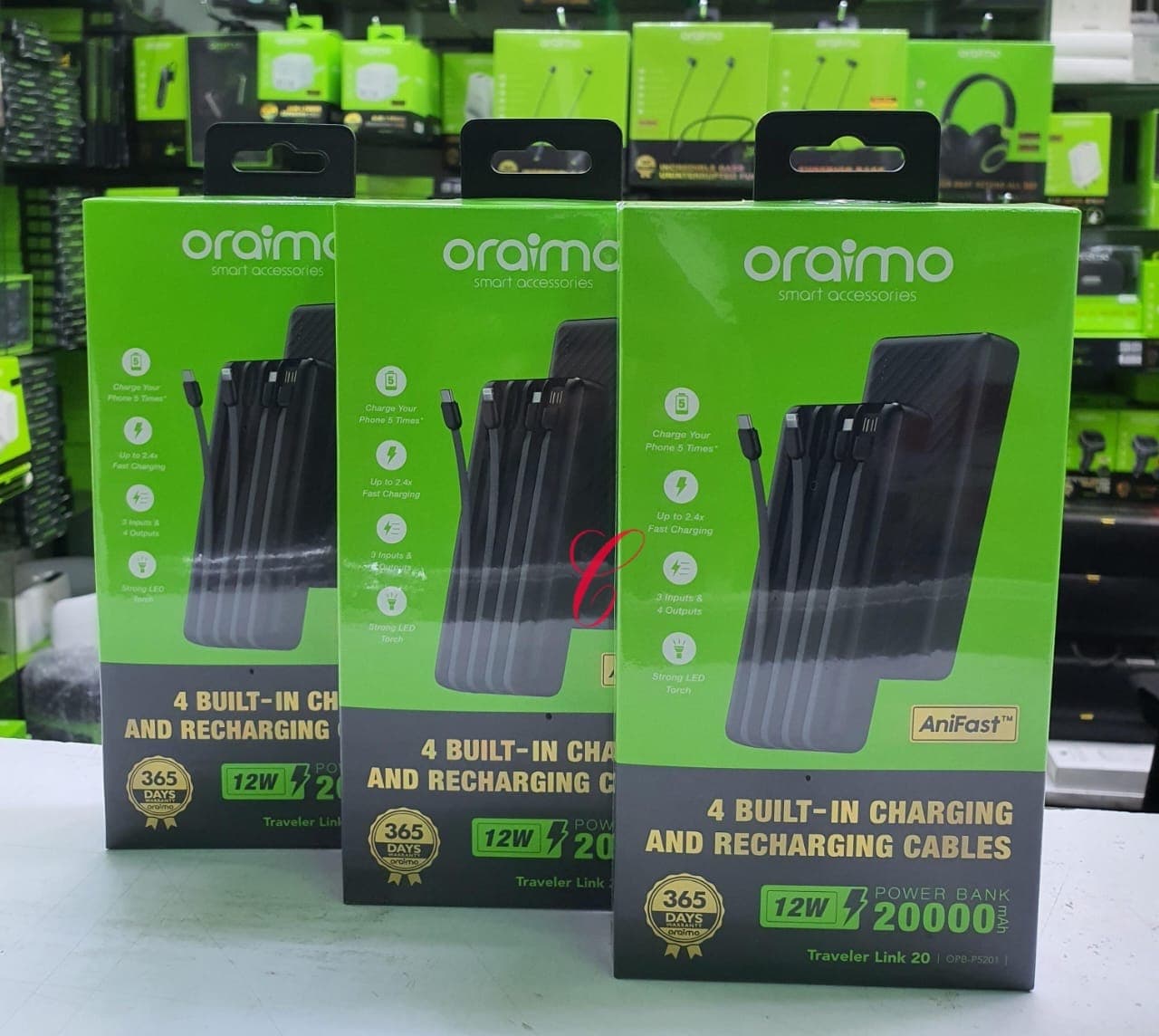 Oraimo Traveler Link 20 OPB-P5201 20,000mAh power bank with 4 built in charging &amp; recharging cables