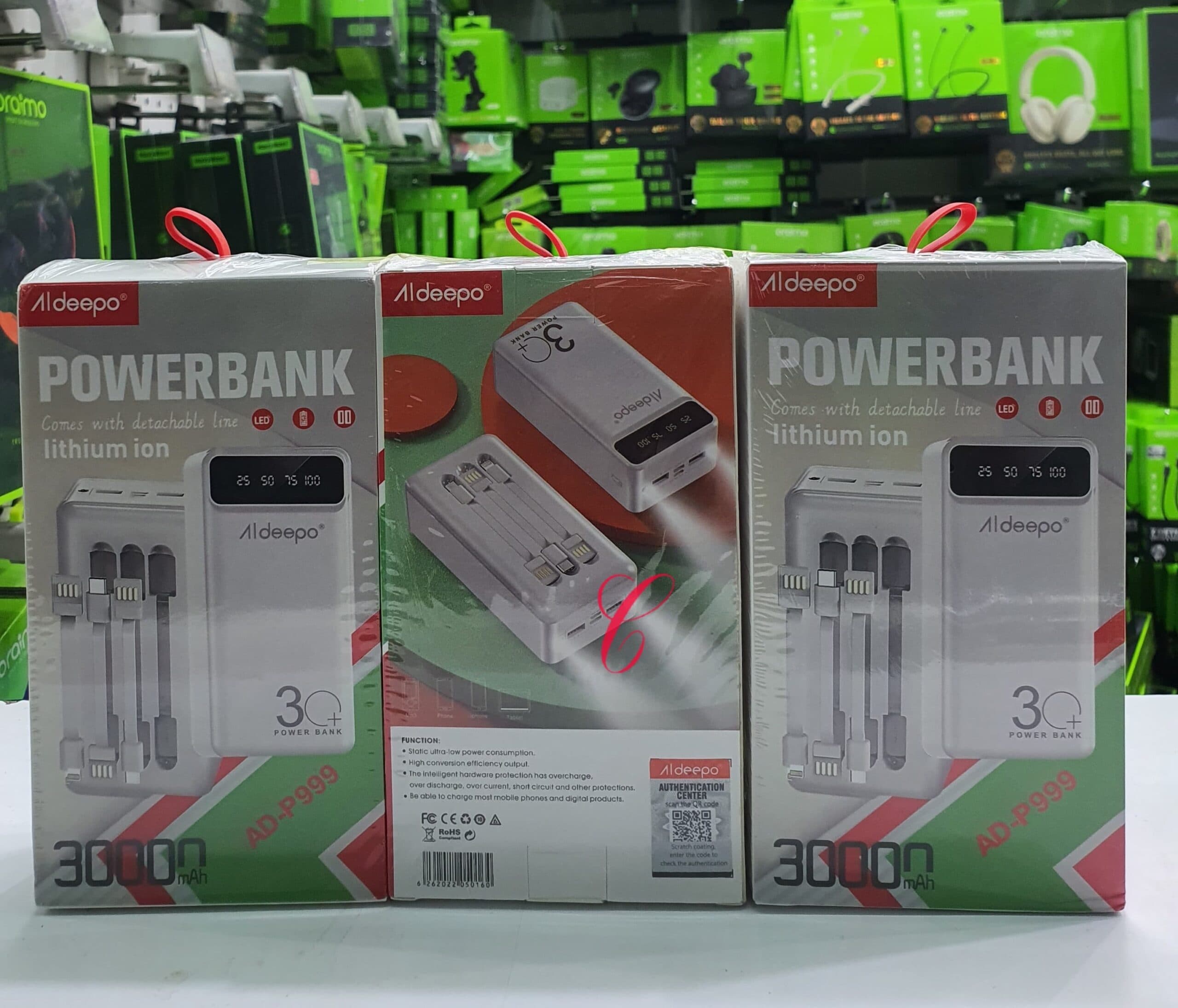 Aldeepo AD-PD999 30,000mAh Power Bank with 3 Built-in Cables – Fast Charging, High-Capacity, Portable